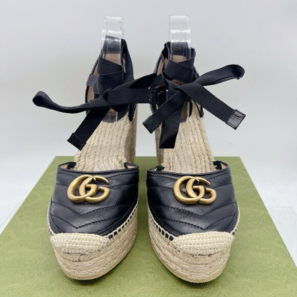 Gucci GG Marmont Platform MATELASSÉ Wedge Heels Espadrille Black Leather EU 35.5 - Picture 5 of 14